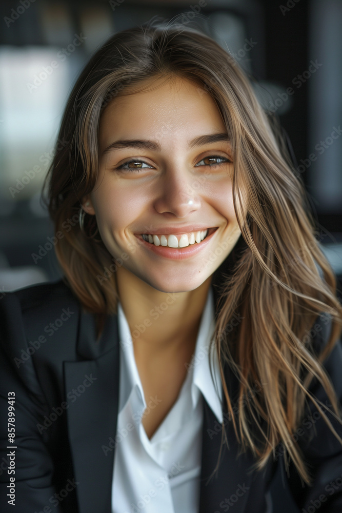 portrait of a young and beautiful smiling business woman woman wearing a suit in a modern office portrait of a young and beautiful smiling business woman woman wearing a suit in a modern office