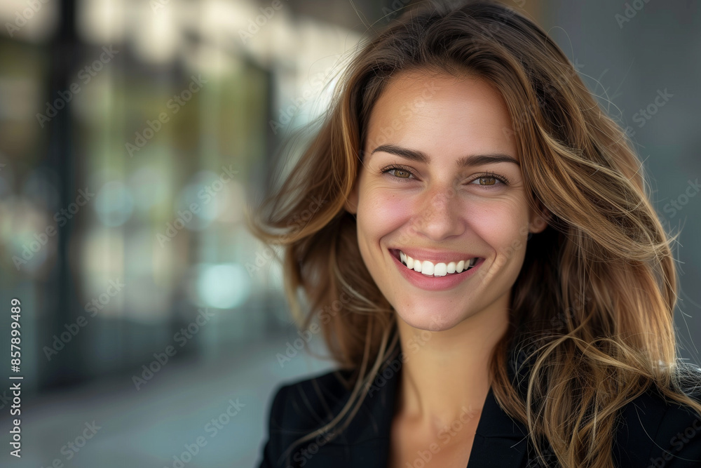 portrait of a young and beautiful smiling business woman woman wearing a suit in a modern office portrait of a young and beautiful smiling business woman woman wearing a suit in a modern office