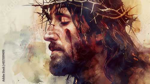 Watercolor Portrait of Jesus Wearing a Crown of Thorns, Depicting His Suffering and Sacrifice