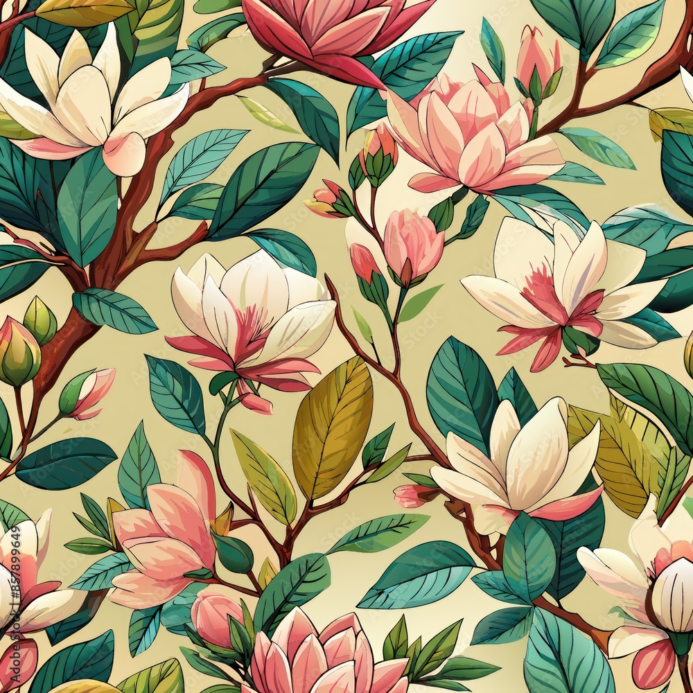 Fototapeta premium Seamless pattern of magnolia branches adorned with lush foliage and blooming flowers, creating a charming, Generative AI