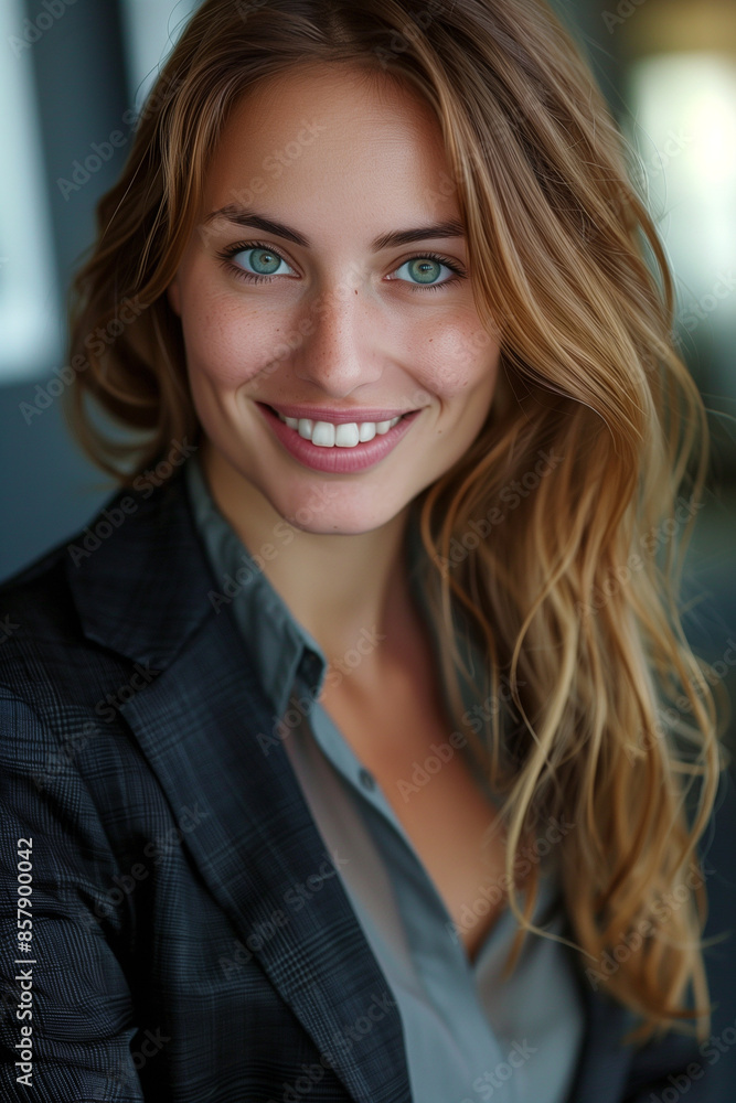portrait of a young and beautiful smiling business woman woman wearing a suit in a modern office portrait of a young and beautiful smiling business woman woman wearing a suit in a modern office