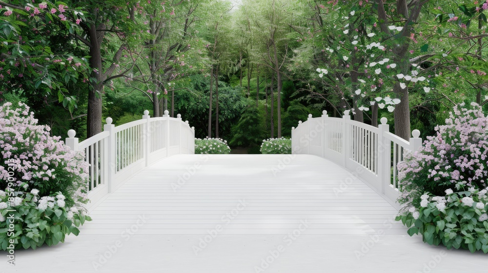 A white stone bridge with ornate railings leads through lush green gardens A white stone bridge with ornate railings leads through lush green gardens