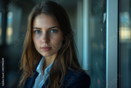 portrait of a young and beautiful business woman woman wearing a suit in a modern office Free Download portrait of a young and beautiful business woman woman wearing a suit in a modern office - GFXLoad
