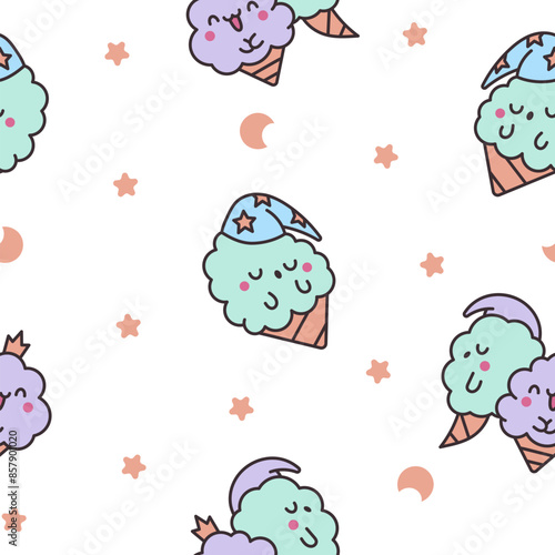 Cute kawaii cotton candy with a smile. Seamless pattern. Sweet sugar cartoon food character. Hand drawn style. Vector drawing. Design ornaments.