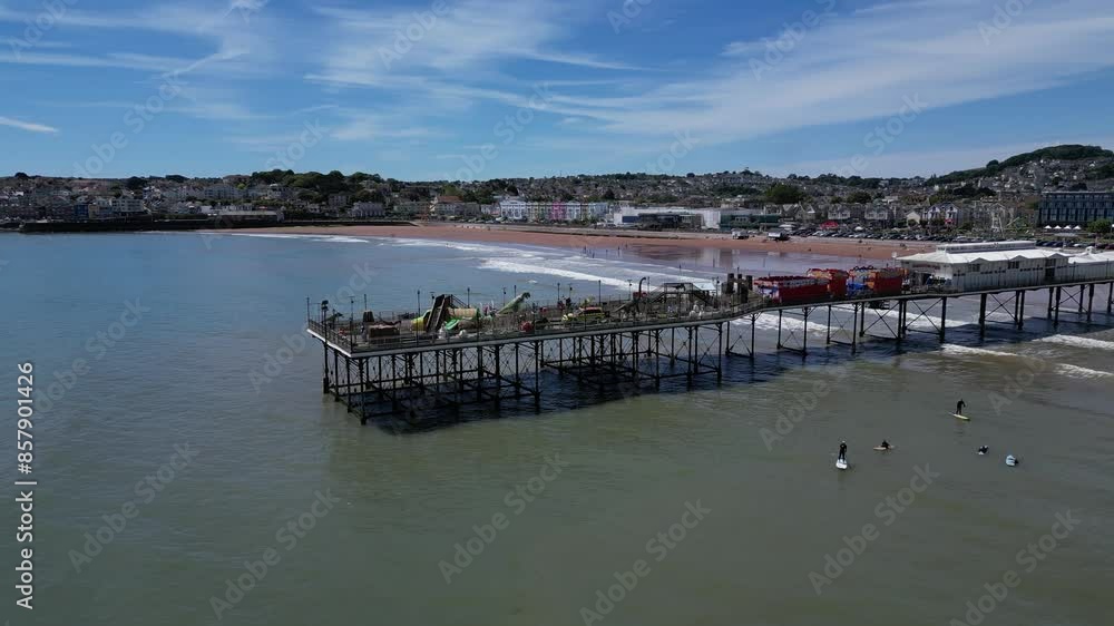 Paignton, Torbay, South Devon, England: DRONE VIEWS: Paignton Pier viewed on a sunny day. Paignton is a popular English holiday destination especially with sailing and water sports enthusiasts (3). Paignton, Torbay, South Devon, England: DRONE VIEWS: Paignton Pier viewed on a sunny day. Paignton is a popular English holiday destination especially with sailing and water sports enthusiasts (3).