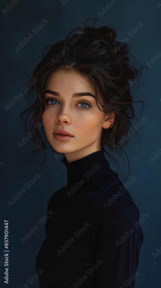 Serene Half Body Portrait of Beautiful Woman in Contemplation on Navy Blue Background with Natural Light Glow Serene Half Body Portrait of Beautiful Woman in Contemplation on Navy Blue Background with Natural Light Glow