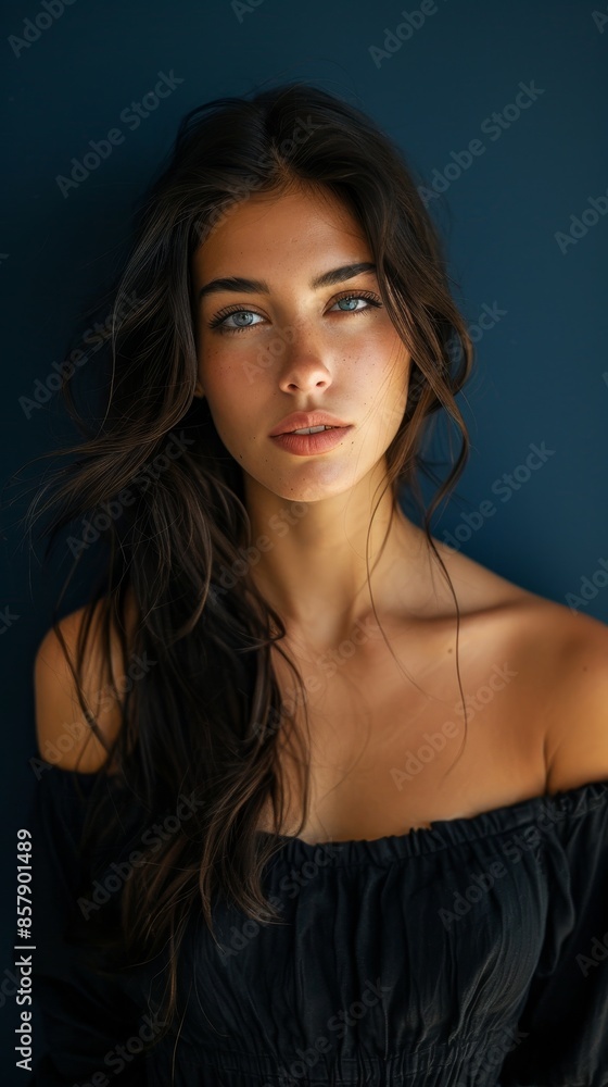 Serene Portrait of a Thoughtful Woman on Navy Blue Background with Soft Natural Light Serene Portrait of a Thoughtful Woman on Navy Blue Background with Soft Natural Light