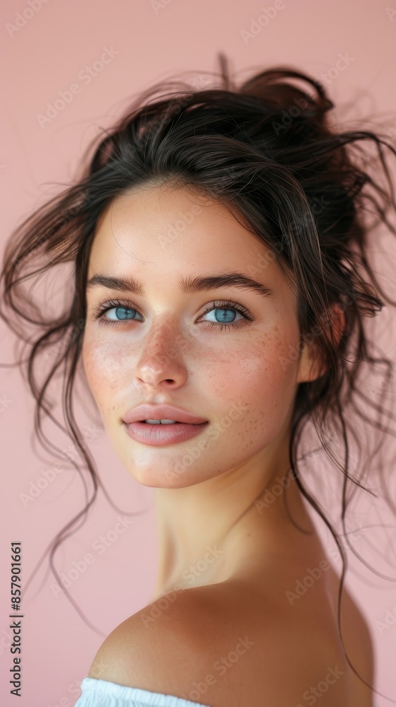 Serene Beauty: Half Body Portrait of a Beautiful Woman with a Subtle Smile on a Light Pink Background, Bathed in Natural Light Serene Beauty: Half Body Portrait of a Beautiful Woman with a Subtle Smile on a Light Pink Background, Bathed in Natural Light