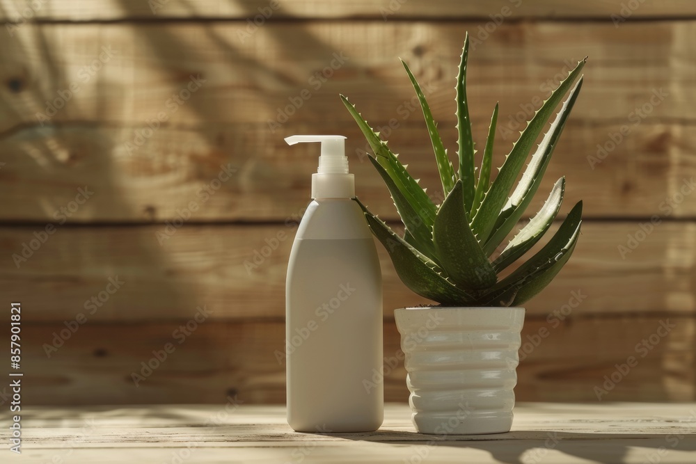 Mockup scene with a white toner bottle and aloe plant on wooden background Mockup scene with a white toner bottle and aloe plant on wooden background