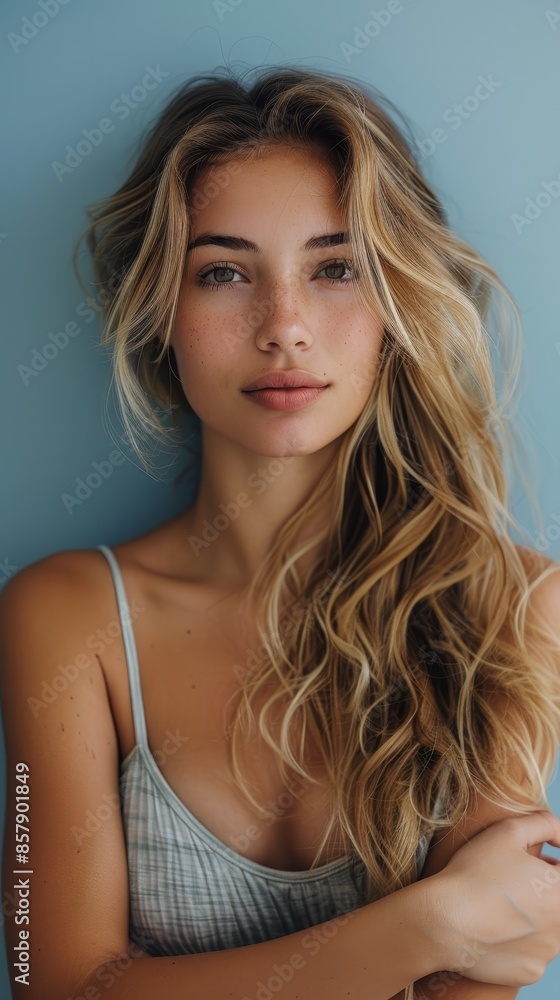 Serene Half Body Portrait of a Beautiful Woman with Soft Smile on Powder Blue Background in Natural Light Serene Half Body Portrait of a Beautiful Woman with Soft Smile on Powder Blue Background in Natural Light