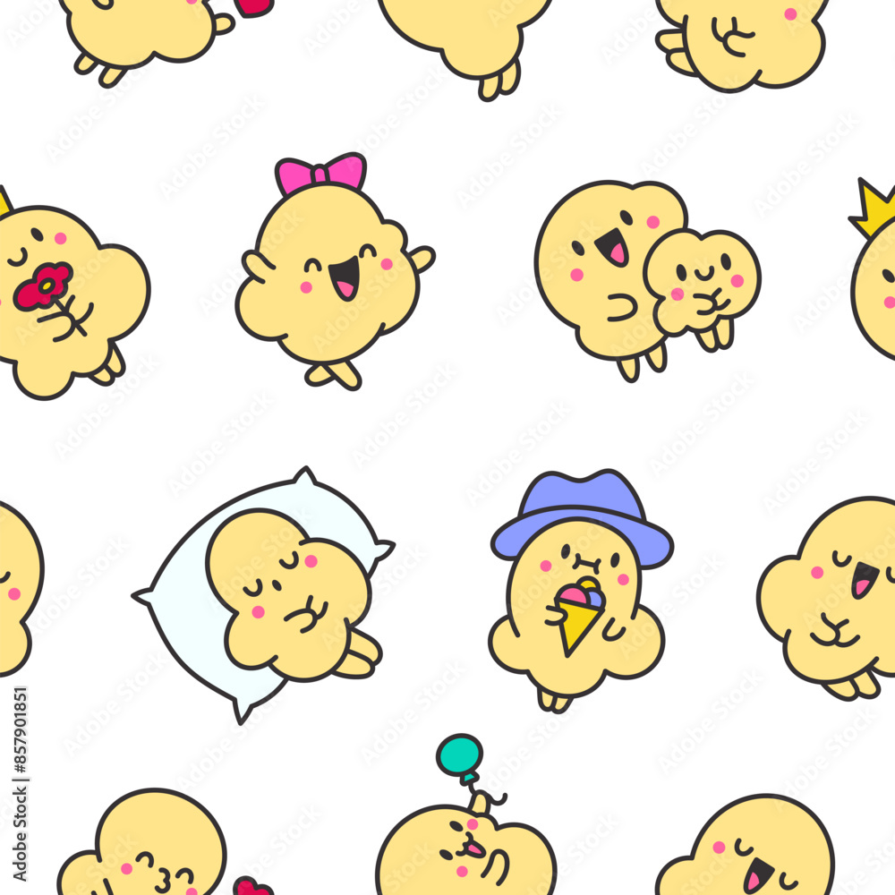 Cute popcorn character in different poses. Seamless pattern. Funny cartoon food. Hand drawn style. Vector drawing. Design ornaments.
