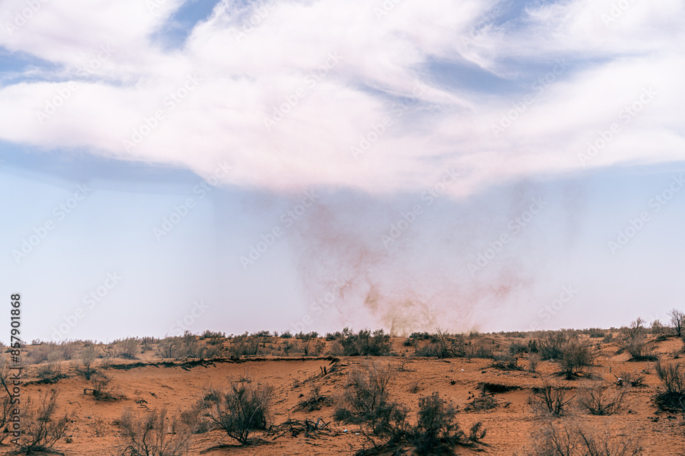 A cloud of dust rises from the desert floor. The sky is clear and blue, with a few clouds scattered throughout. The scene is desolate and barren, with only a few sparse trees in the distance A cloud of dust rises from the desert floor. The sky is clear and blue, with a few clouds scattered throughout. The scene is desolate and barren, with only a few sparse trees in the distance