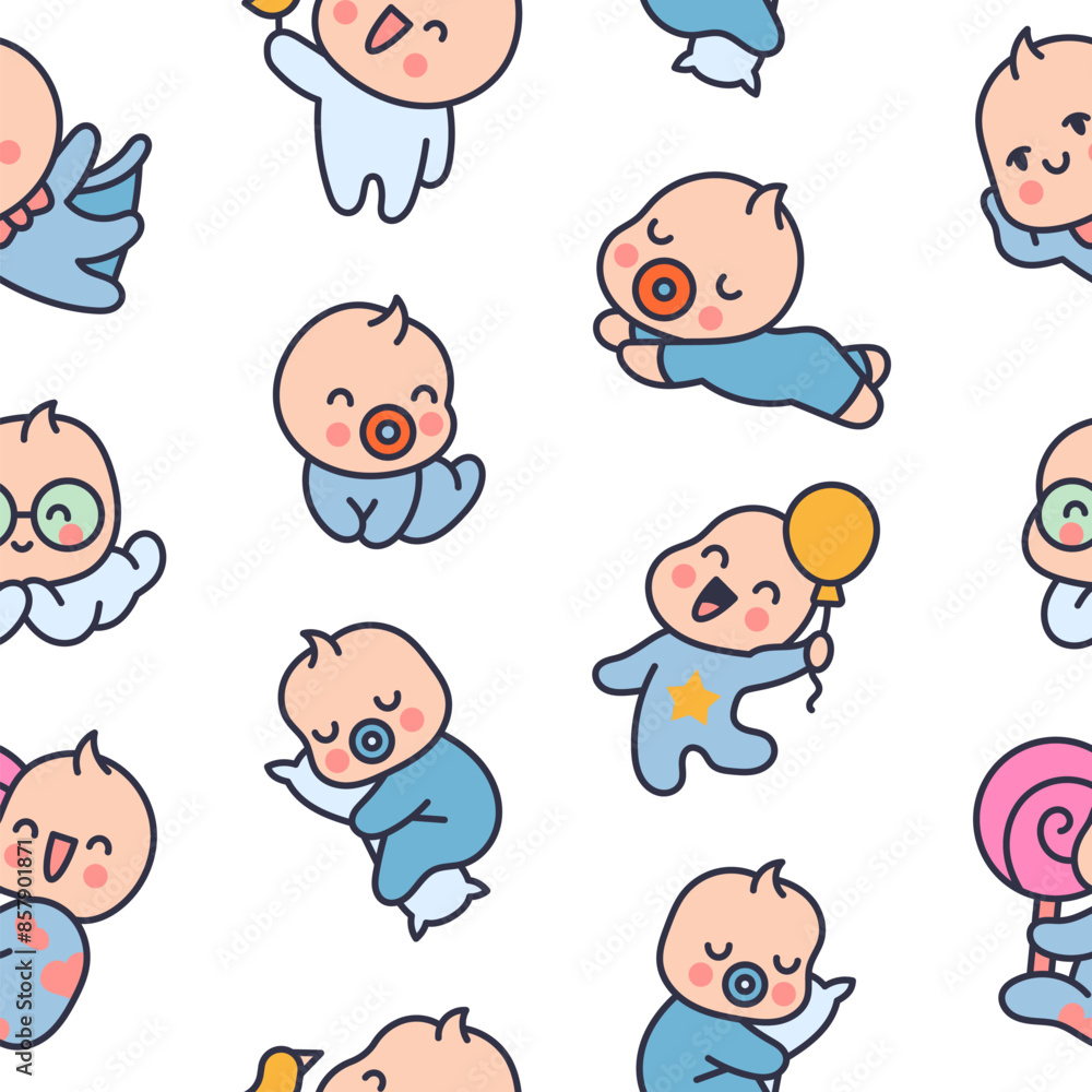 Cute baby boy. Seamless pattern. Cartoon little newborn character. Hand drawn style. Vector drawing. Design ornaments. Cute baby boy. Seamless pattern. Cartoon little newborn character. Hand drawn style. Vector drawing. Design ornaments.