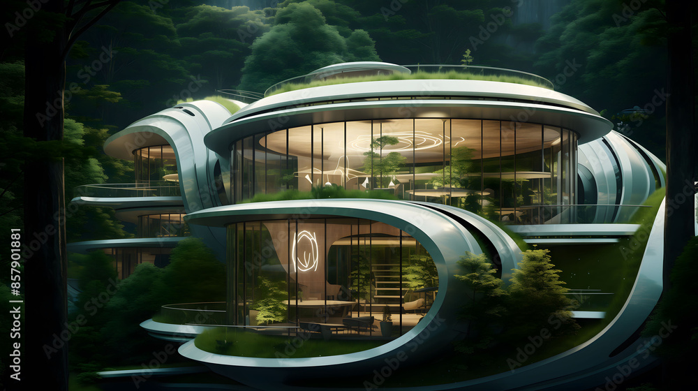 Fototapeta premium Futuristic eco-friendly office building with glass windows and greenery in a lush forest environment