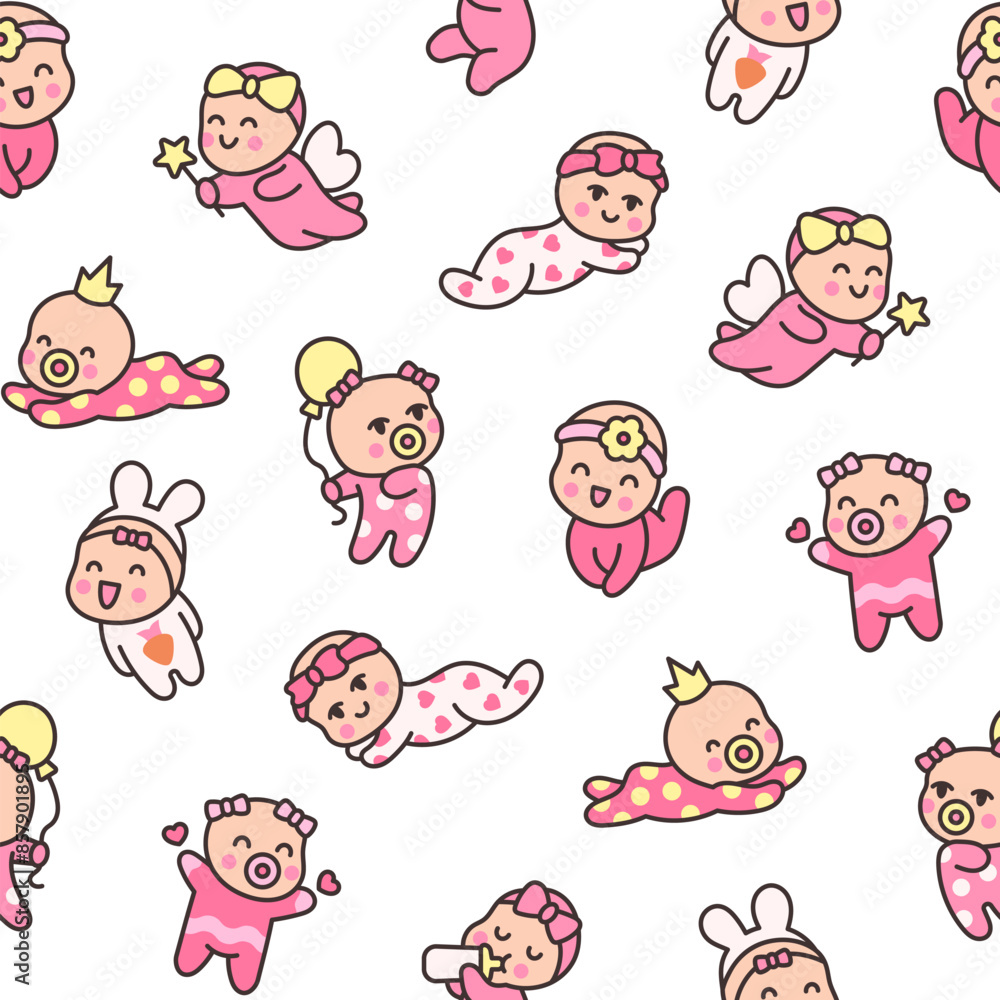 Cute baby girl. Seamless pattern. Cartoon little newborn character. Hand style. Vector drawing. Design ornaments. Cute baby girl. Seamless pattern. Cartoon little newborn character. Hand style. Vector drawing. Design ornaments.