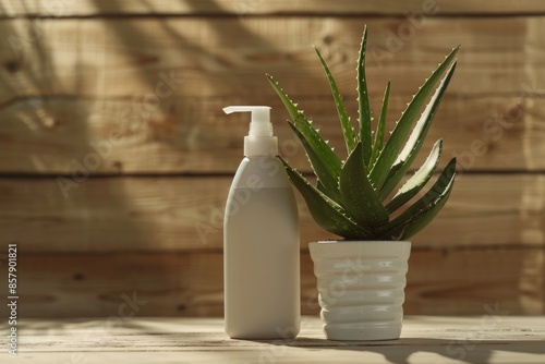 Mockup scene with a white toner bottle and aloe plant on wooden background
