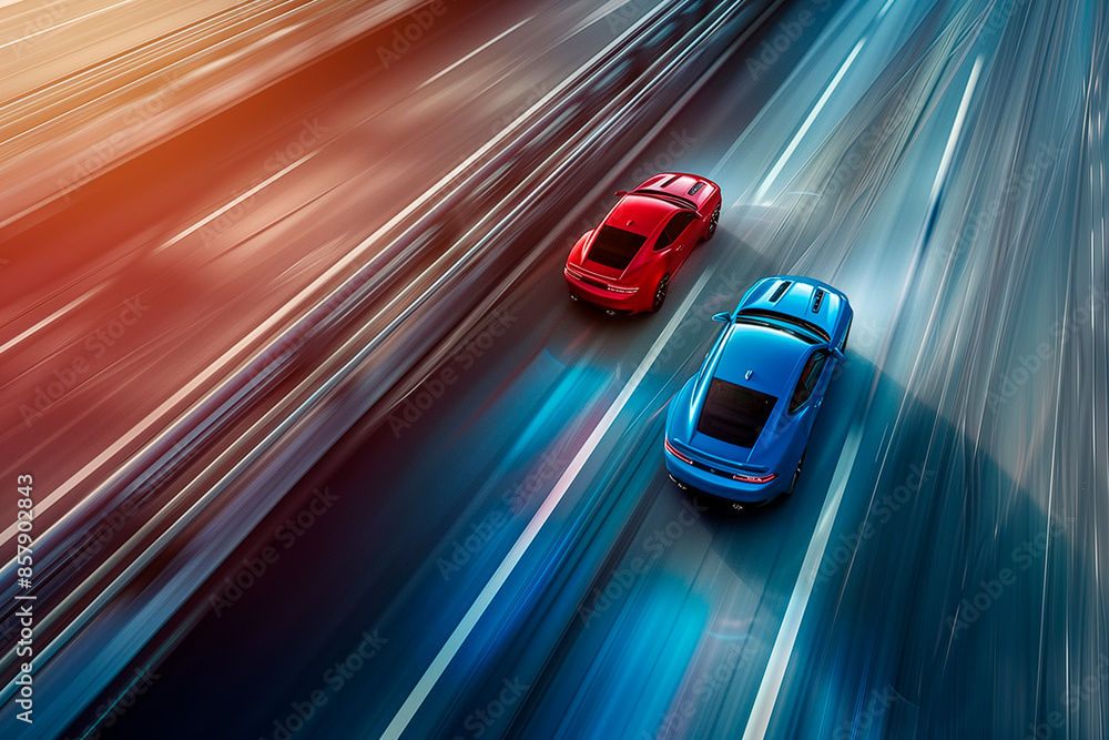 Obraz premium red car driving in motion, blue car on high speed . Blue car rushing along a high-speed highway