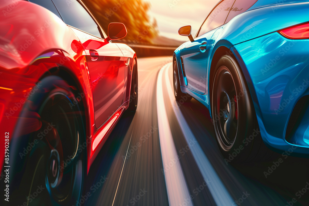 red car driving in motion, blue car on high speed . Blue car rushing along a high-speed highway red car driving in motion, blue car on high speed . Blue car rushing along a high-speed highway