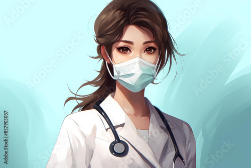 Vibrant cartoon sketch of a young female doctornurse with a face mask, showcasing beauty and professionalism. photo