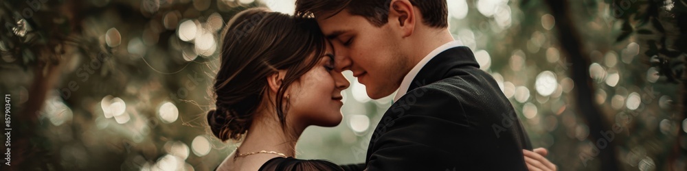 Fototapeta premium Elegant Woman in Black Suit Embracing Young Lover: Vintage Historical Couple in Love Amidst Moody Woodland Bokeh Background. Perfect for Valentine's Day, Newlyweds, Honeymoon, and Romantic Concepts. A