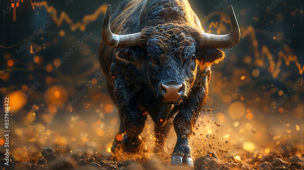 A photograph of a powerful bull charging forward, muscles rippling ...
