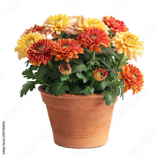 Potted Orange and Yellow Chrysanthemums on transparent background