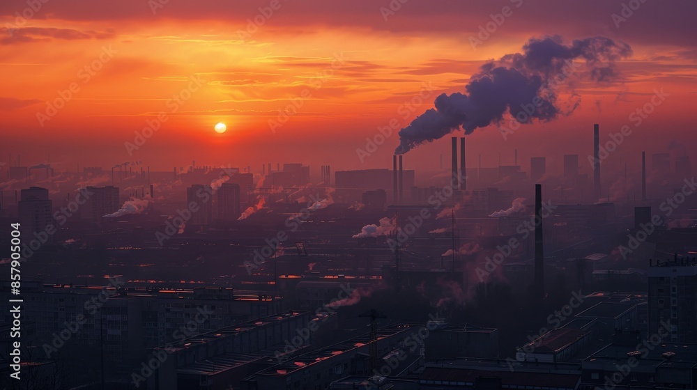 Fototapeta premium Sunrise over a factory town with visible air pollution layers from a high vantage point