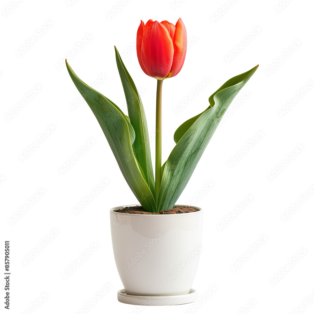 Fototapeta premium Single Red Tulip in White Pot on transparent background