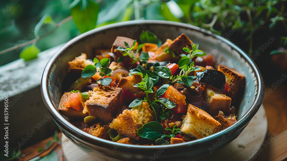 A freshly made bowl of fast food vegan bread pudding with vibrant ingredients and rich flavors A freshly made bowl of fast food vegan bread pudding with vibrant ingredients and rich flavors