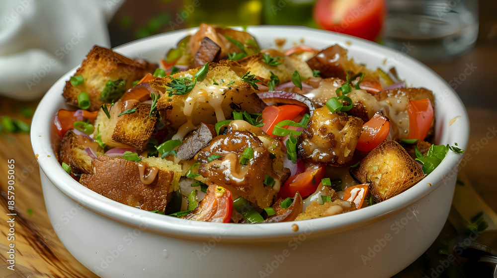 A freshly made bowl of fast food vegan bread pudding with vibrant ingredients and rich flavors A freshly made bowl of fast food vegan bread pudding with vibrant ingredients and rich flavors
