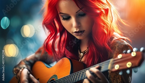 Junge Frau mit rote Haare spielt Gitarre . photo