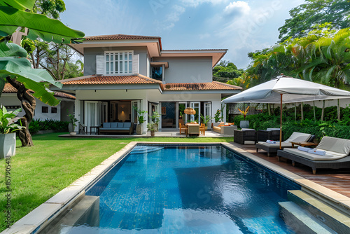 Wallpaper Mural  House with Sparkling Pool Nestled on Lush Green Lawn Beneath a Vast Blue Sky The Epitome of Relaxation, Modern Comfort, and Scenic Beauty in an 
 Torontodigital.ca