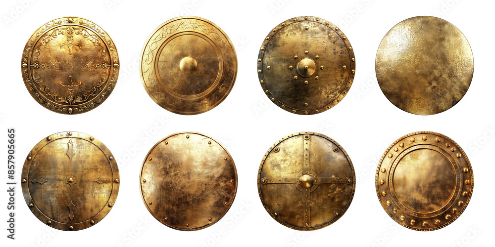 Collection of round golden metal shield isolated on a transparent background, cut-out, PNG Collection of round golden metal shield isolated on a transparent background, cut-out, PNG