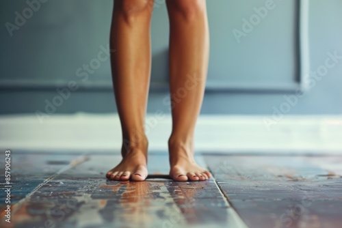close bare feet on the wooden floor. after shower. rest