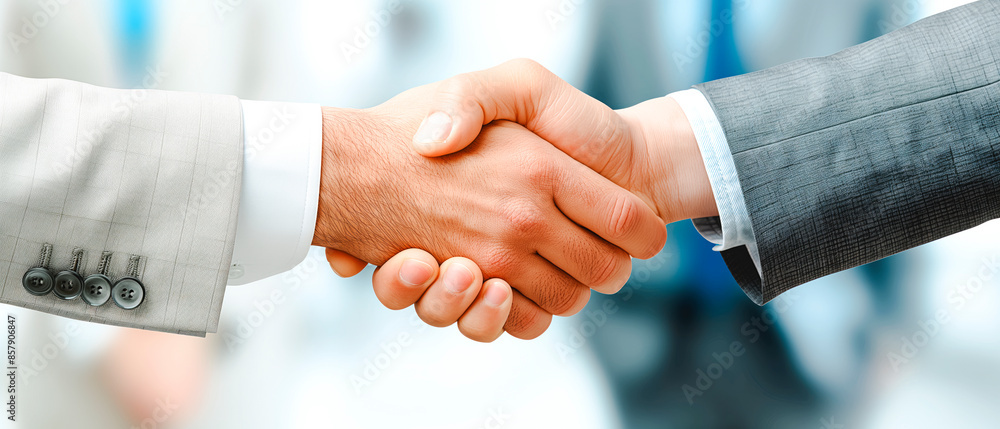 Two people shaking hands, focused on the handshake, blurred office background, concept of agreement. Generative AI Two people shaking hands, focused on the handshake, blurred office background, concept of agreement. Generative AI
