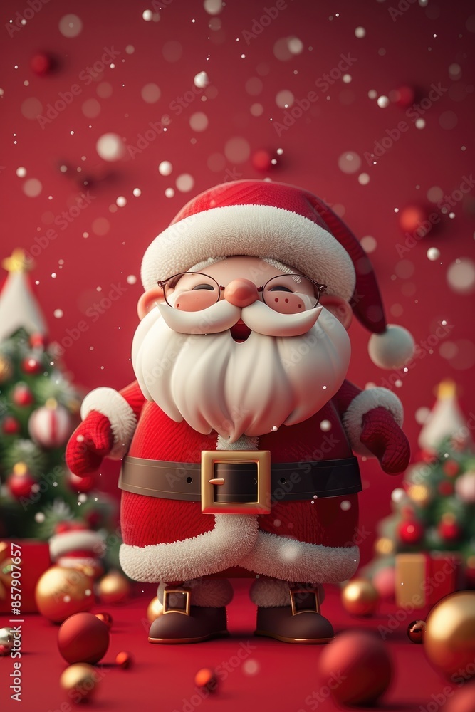 A 3D rendering of Santa Claus smiling amidst falling snow A 3D rendering of Santa Claus smiling amidst falling snow