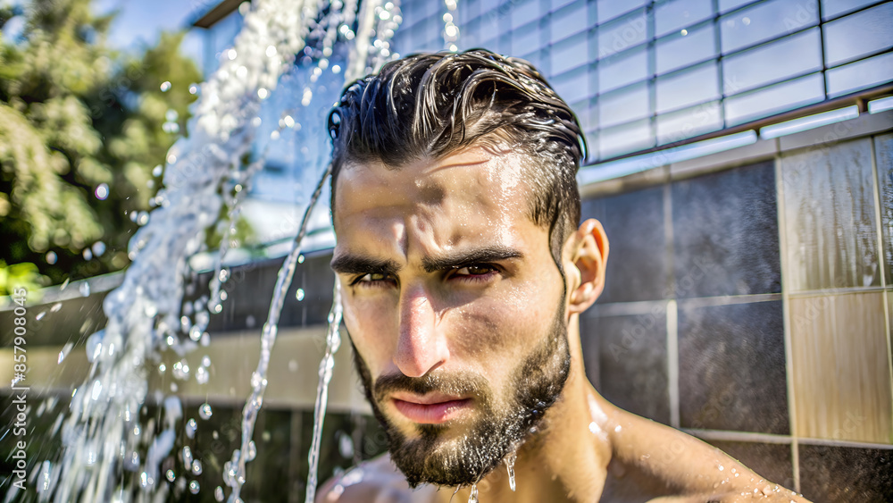 Fototapeta premium Handsome Brunette Man Enjoying an Outdoor Shower in a Tropical Setting
