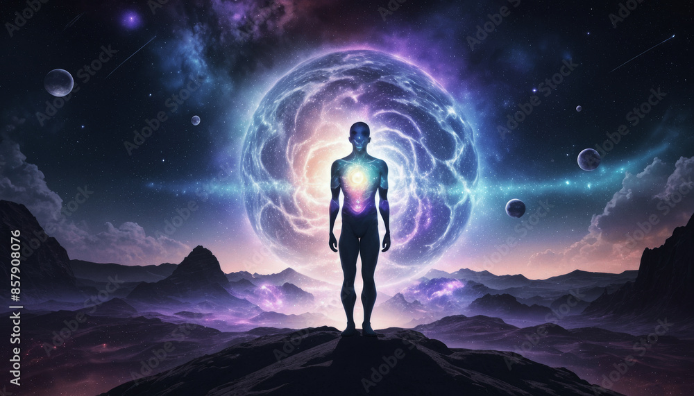 Virtual Human Silhouette with Aura Chakras on Space Nebula - 3D Illustration Virtual Human Silhouette with Aura Chakras on Space Nebula - 3D Illustration