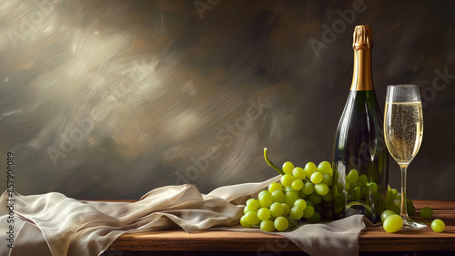 white Champaign in glass with full bottle on side isolated on wooden table fabric, green grapes