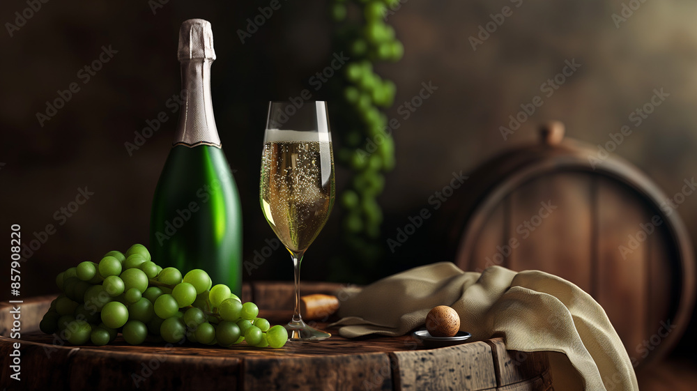 Obraz premium bottle of champaign with green grape and gold fabric background