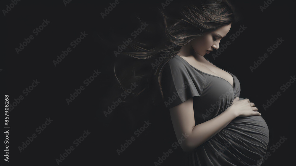 Obraz premium Engraved AI illustration of a pregnant woman in an elegant dress, capturing classic beauty and motherhood.
