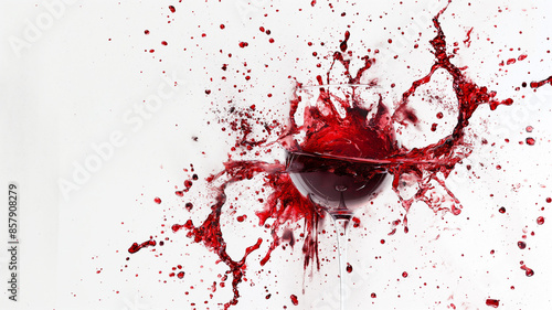 full picture of pouring burgundy red wine and splashed on isolated white background