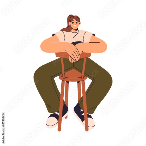 Cheerful girl sits on turn around chair, waiting. Young woman relaxes on wooden stool, leans on back with hands. Teenager has a rest on seat. Flat isolated vector illustration on white background