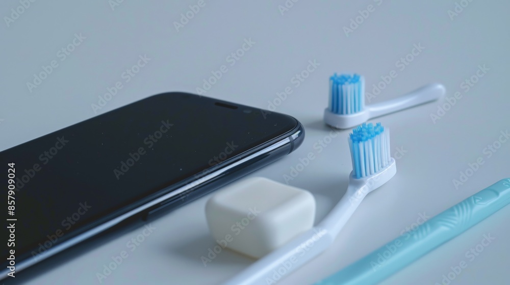 Toothbrushes and a Smartphone on a White Surface Toothbrushes and a Smartphone on a White Surface
