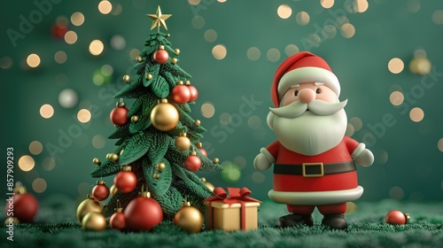 A 3D rendering of Santa Claus standing in front of a Christmas tree and a gift