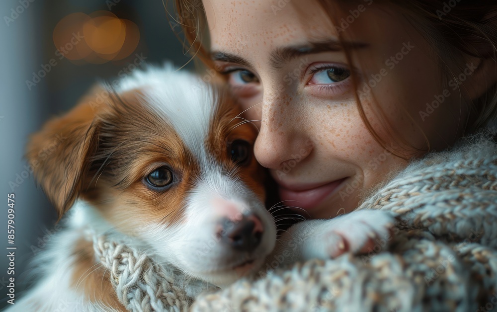 Woman Holding a Puppy Close, Smiling With Love Woman Holding a Puppy Close, Smiling With Love