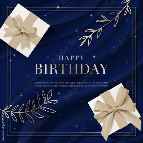Happy birthday greeting card banner template, Luxury gold Leaves and gift box on blue wave fabric background for invitation luxury modern party event poster, celebration card, advertising. Vector
