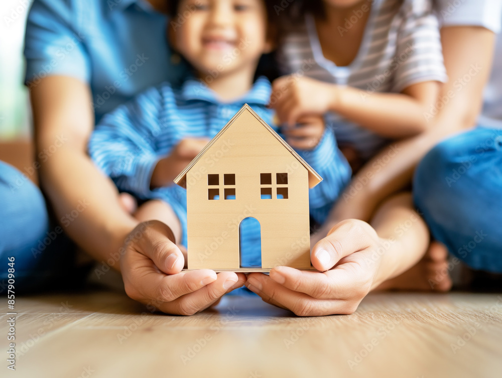 A family holding a wooden house model together, indicative of home ownership or family unity, against a blurred indoor background. Generative AI A family holding a wooden house model together, indicative of home ownership or family unity, against a blurred indoor background. Generative AI