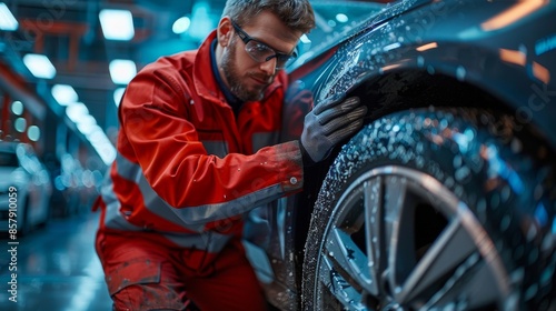An engaged man wearing an orange jacket is cleaning a car's surface at a busy workshop, ensuring the vehicle is spotless and well-maintained, amidst a modern industrial backdrop. photo