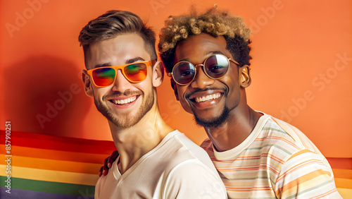Celebrating Love and Diversity: Joyful Portrait of an Interracial Gay Couple in Casual Fashion, Embracing Pride Month. Essence of Couple's celebration of love, diversity, and pride.